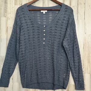Lauren Conrad Crochet Sweater Large Blue Button Scoop Neck Cottagecore Boho EUC
